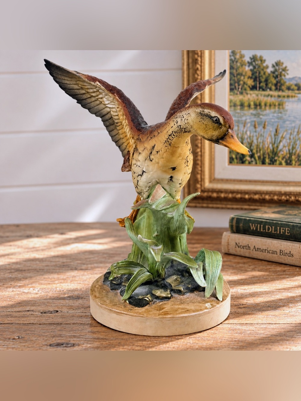 Vintage 1980s Andrea by Sadek Mallard Duck Figurine Japan w/ Wood Stand 7.5"